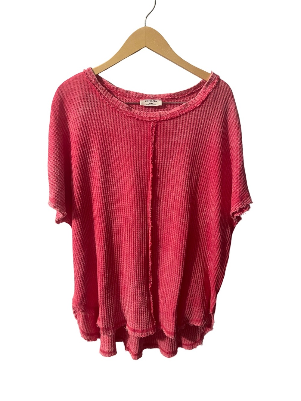 Zenana Waffle Knit Top L/XL Pink Oversized Raw Edge Boho